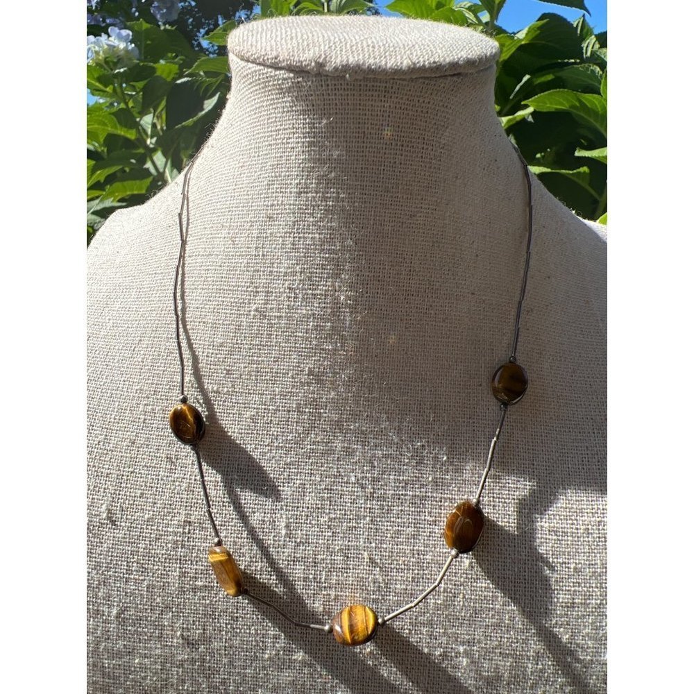 Silver Vintage Tiger's Eye Bead Necklace -- 16"